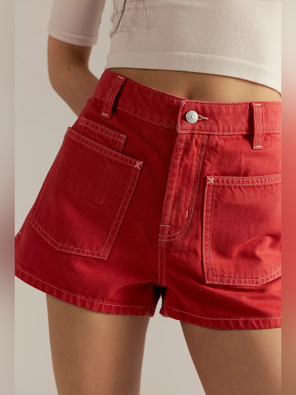 We The Free Red High-Rise Patch-Pocket Jean Shorts